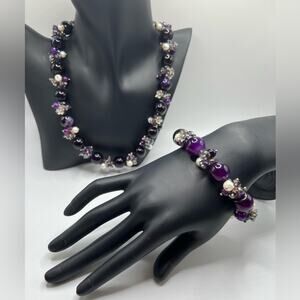 Glass purple, silver, and pearl colored necklace and bracelet set